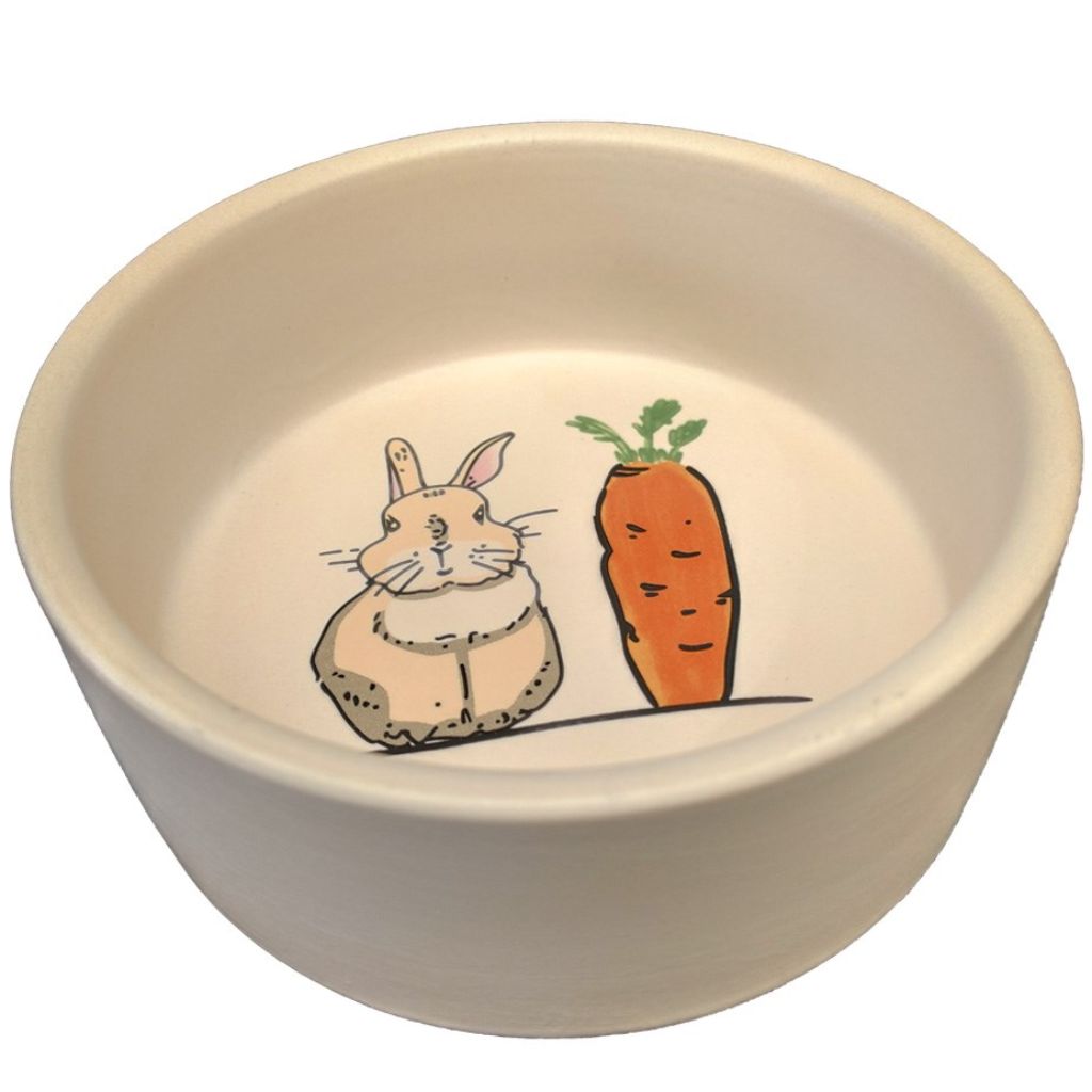 A ceramic food bowl with a rabbit and cute carrot imprint on the bottom, ideal for holding vegetables, treats, or pellets for small animals.