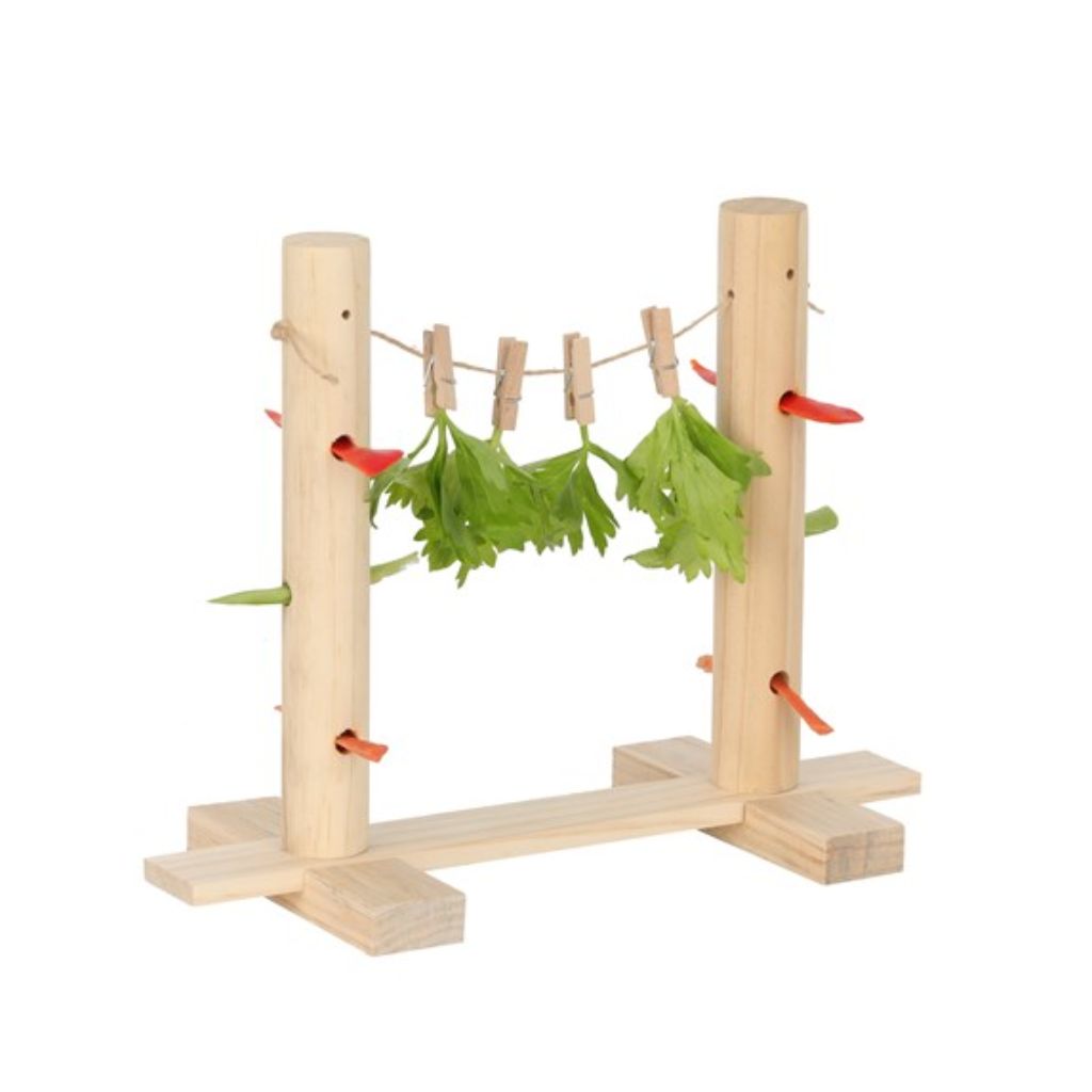 A Peg n Snack Line for small animals, with treats pegged on a line and hidden in two towers