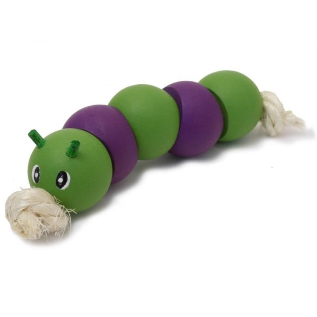 A caterpillar-shaped chew toy made from natural wood