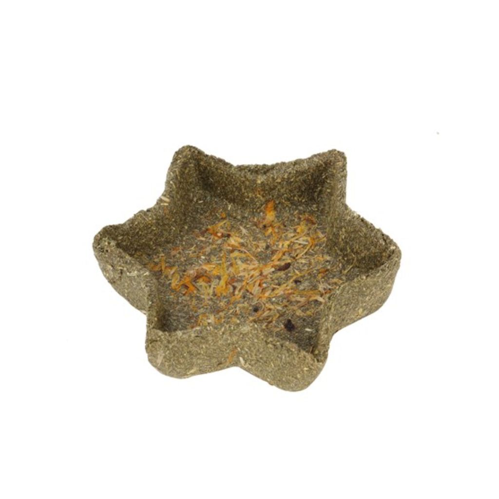 Star-shaped dish made from high-fibre Timothy Hay and marigold petals for small animals