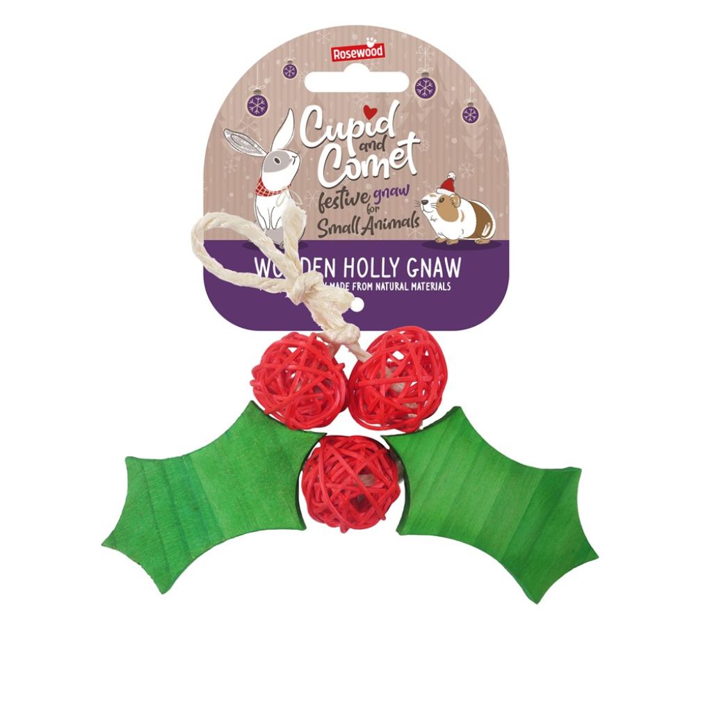 Christmas wooden and rattan holly gnaw toy for rabbits, perfect for chewing and tossing.